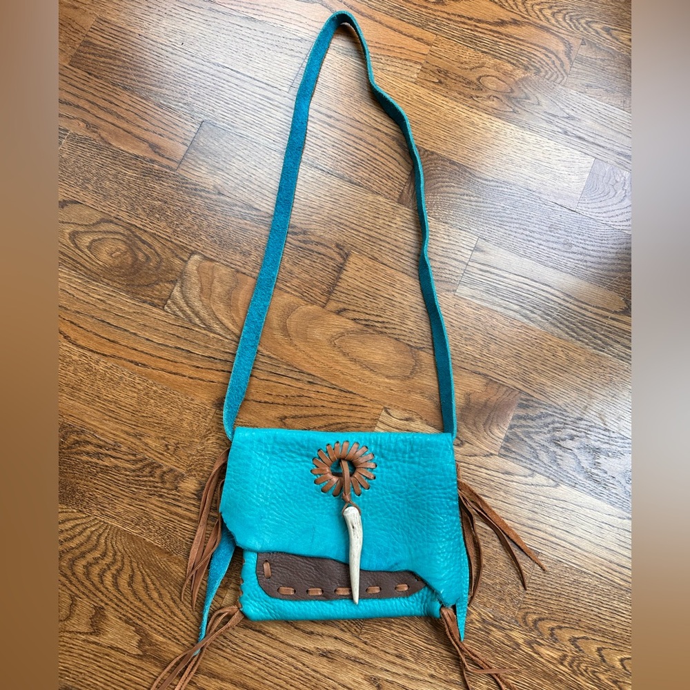 Jimmi WZ Leather Bag Purse Turquoise/Teal/Brown Crossbody BoHo Handmade - Picture 4 of 11